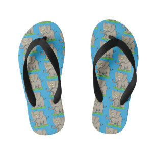 Cute funny elephant with bird on trunk cartoon kid's flip flops