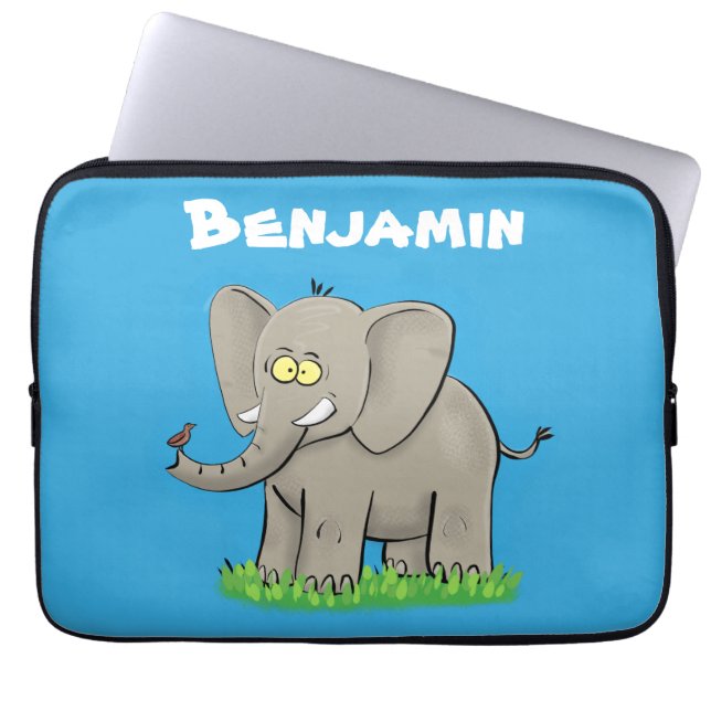 Cute funny elephant with bird on trunk cartoon laptop sleeve (Front)