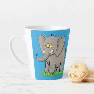 Cute funny elephant with bird on trunk cartoon latte mug