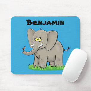 Cute funny elephant with bird on trunk cartoon mouse mat