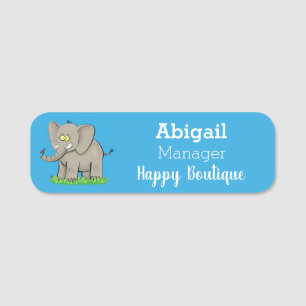Cute funny elephant with bird on trunk cartoon name tag