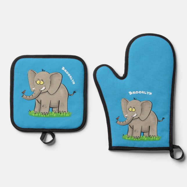 Cute funny elephant with bird on trunk cartoon oven mitt & pot holder set (Front)