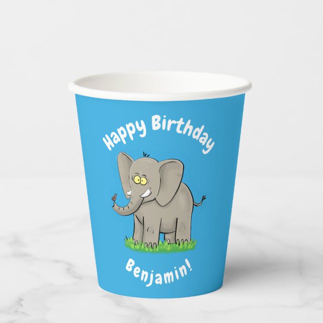 Cute funny elephant with bird on trunk cartoon paper cups (Front)