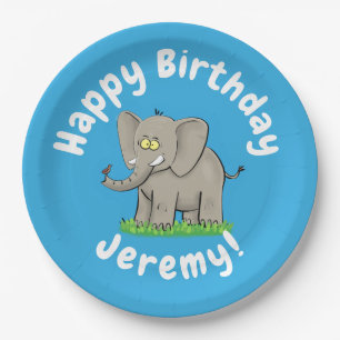 Cute funny elephant with bird on trunk cartoon paper plate