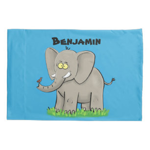 Cute funny elephant with bird on trunk cartoon pillowcase