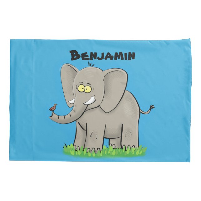 Cute funny elephant with bird on trunk cartoon pillowcase (Back)
