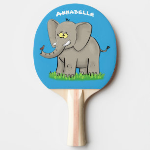 Cute funny elephant with bird on trunk cartoon ping pong paddle