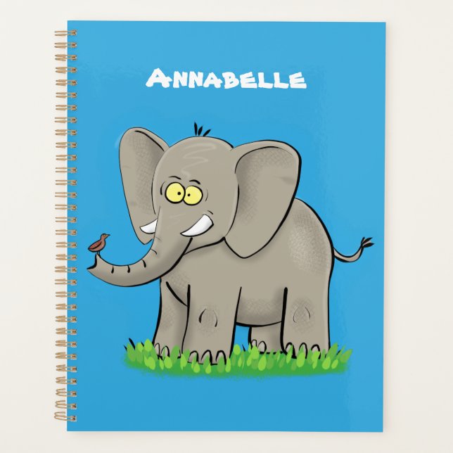 Cute funny elephant with bird on trunk cartoon planner (Front)