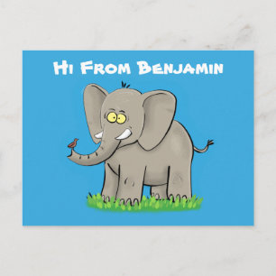 Cute funny elephant with bird on trunk cartoon postcard