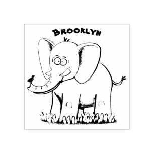 Cute funny elephant with bird on trunk cartoon rubber stamp