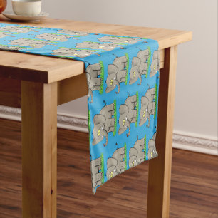 Cute funny elephant with bird on trunk cartoon short table runner
