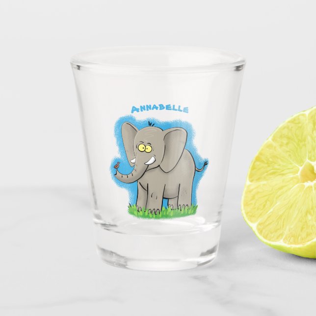 Cute funny elephant with bird on trunk cartoon shot glass (Front)