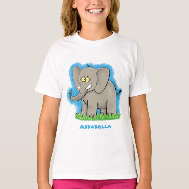 Cute funny elephant with bird on trunk cartoon T-Shirt (Front)