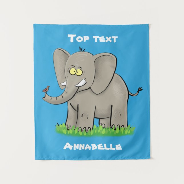 Cute funny elephant with bird on trunk cartoon tapestry (Front)