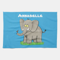 Cute funny elephant with bird on trunk cartoon