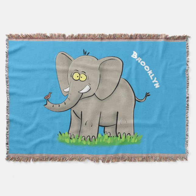 Cute funny elephant with bird on trunk cartoon throw blanket (Front)