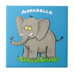 Cute funny elephant with bird on trunk cartoon tile