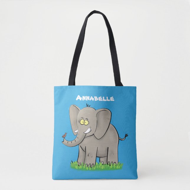 Cute funny elephant with bird on trunk cartoon tote bag (Front)
