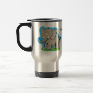 Cute funny elephant with bird on trunk cartoon travel mug