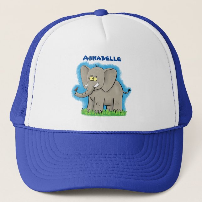 Cute funny elephant with bird on trunk cartoon trucker hat (Front)