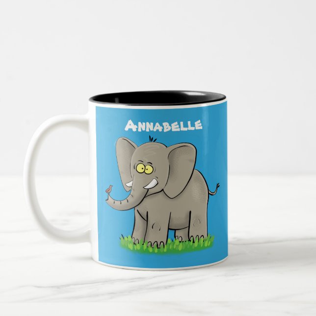 Cute funny elephant with bird on trunk cartoon Two-Tone coffee mug (Left)