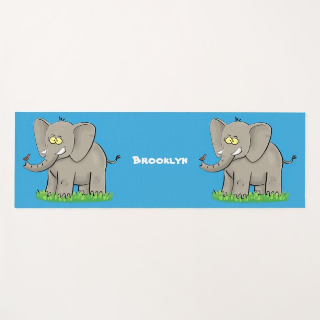 Cute funny elephant with bird on trunk cartoon yoga mat (Front (Horizontal))