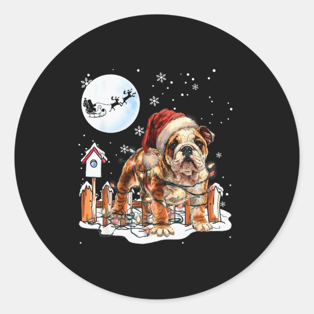 Cute Funny English Bulldog Christmas Lights Santa  Classic Round Sticker (Front)