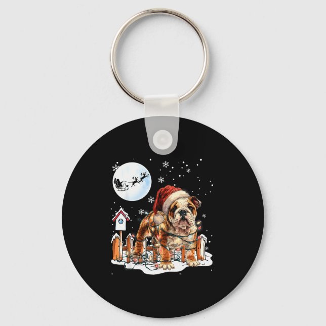 Cute Funny English Bulldog Christmas Lights Santa  Key Ring (Front)