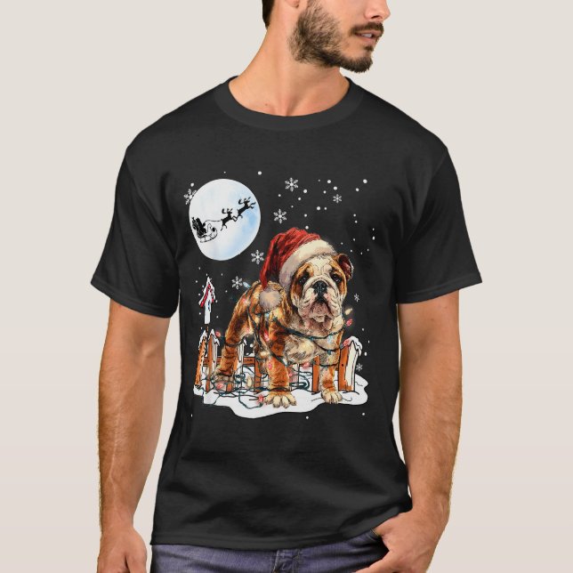 Cute Funny English Bulldog Christmas Lights Santa  T-Shirt (Front)