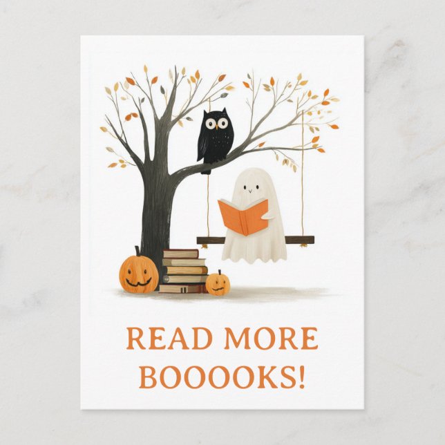 Cute Funny Fall Autumn Halloween Ghost Read Books Postcard (Front)