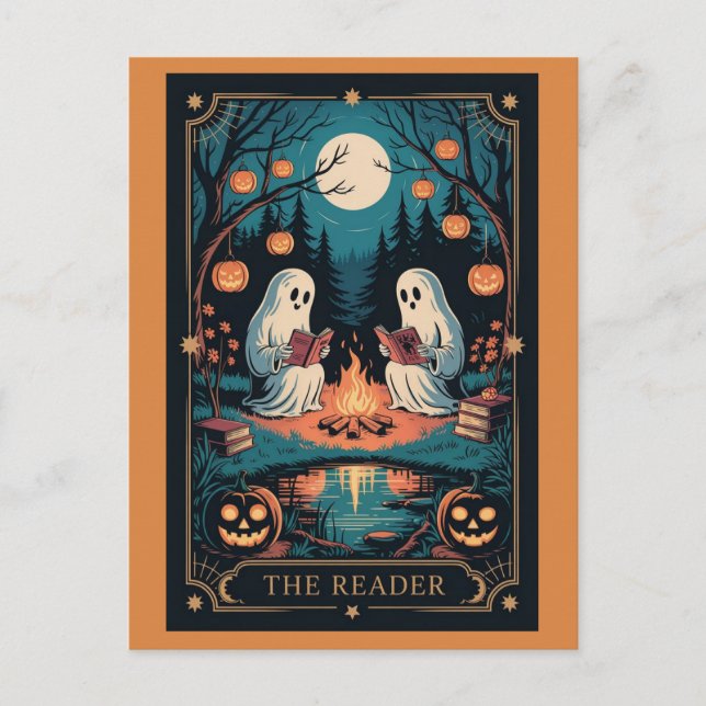 Cute Funny Fall Halloween Tarot Ghost Read Books Postcard (Front)