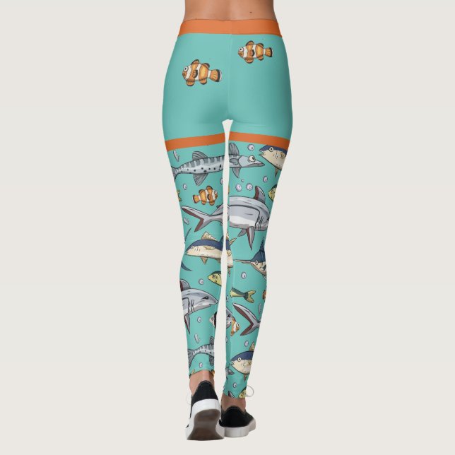 Cute Funny Fish Swimming Beach Mural Aquarium Leggings (Back)