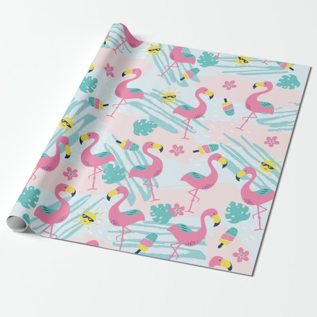 Cute Funny Flamingo Mint Green Tropical Pattern Wrapping Paper (Unrolled)