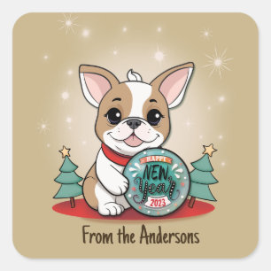 Cute Funny French Bulldog Happy New Year Square Sticker
