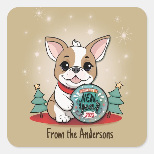Cute Funny French Bulldog Happy New Year Square Sticker (Front)