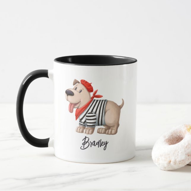 Cute Funny French Dog Personalised Name Mug (With Donut)