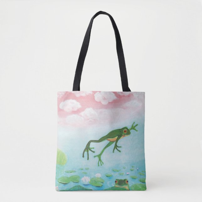 Cute Funny Frog Jumps Into The Pond Tote Bag (Front)