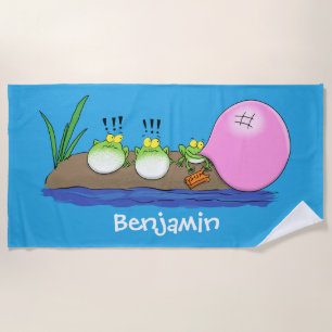 Cute funny frogs bubblegum cartoon illustration beach towel