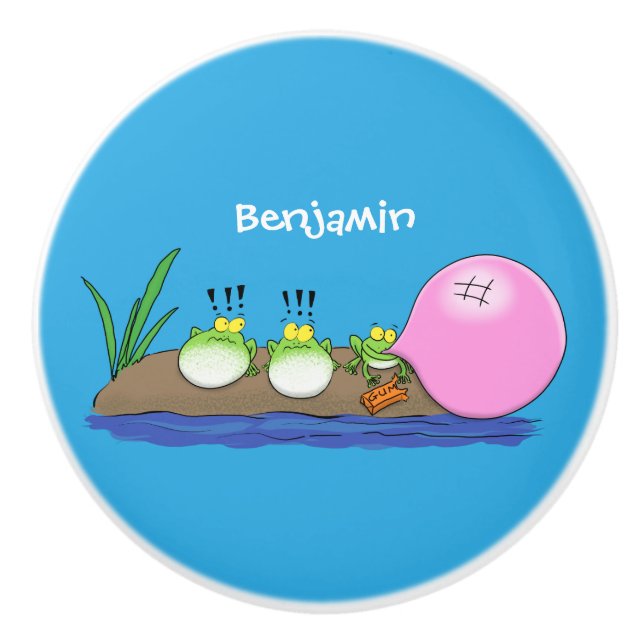 Cute funny frogs bubblegum cartoon illustration ceramic knob (Front)