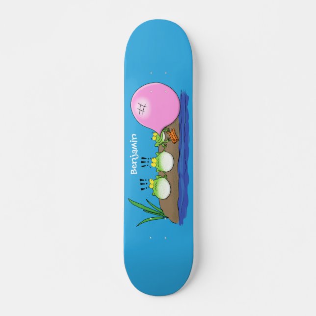 Cute funny frogs bubblegum cartoon illustration skateboard (Front)