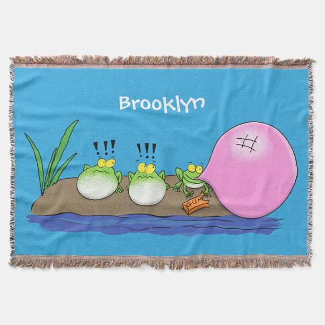 Cute funny frogs bubblegum cartoon illustration throw blanket (Front)