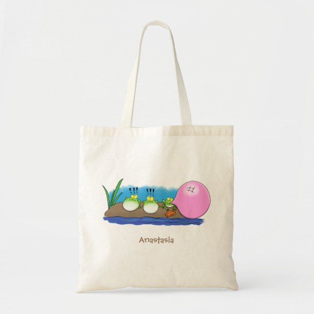 Cute funny frogs bubblegum cartoon illustration tote bag (Front)