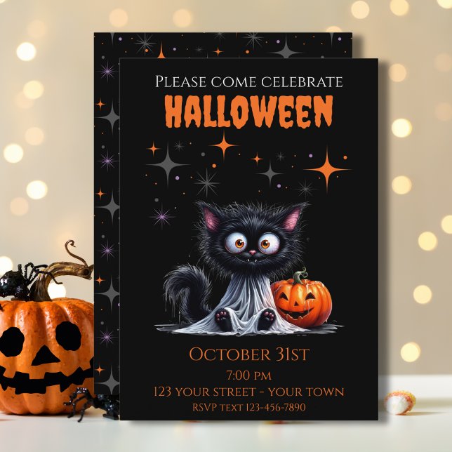 Cute Funny Ghost Black Kitten Halloween  Invitation (Creator Uploaded)