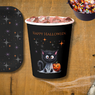 Cute Funny Ghost Black Kitten Halloween Paper Cups