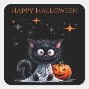 Cute Funny Ghost Black Kitten Halloween  Square Sticker