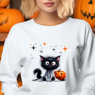Cute Funny Ghost Black Retro Kitten Halloween Sweatshirt