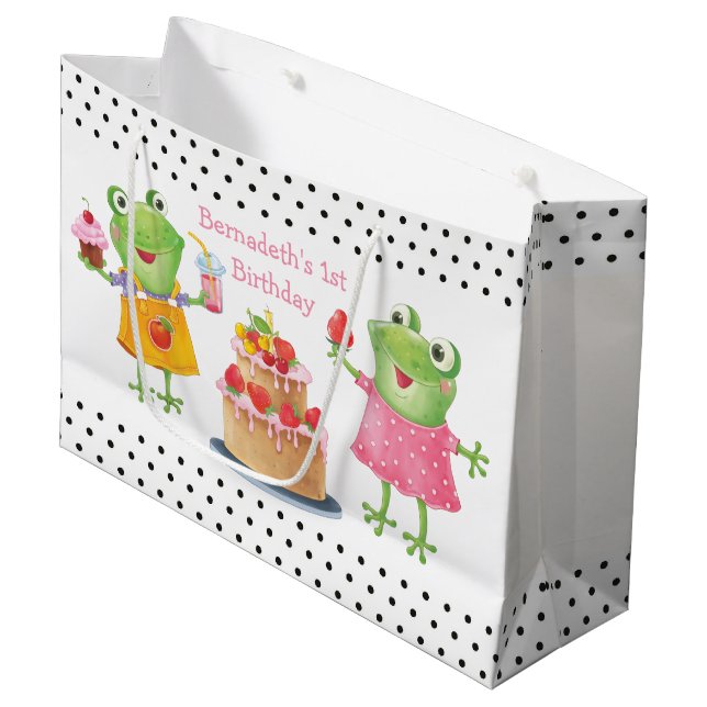Cute Funny Girl Frogs Birthday Party Large Gift Ba Large Gift Bag (Front Angled)