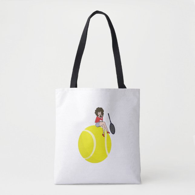 Cute Funny Girl Sitting on a Tennis Ball Racket Tote Bag (Front)