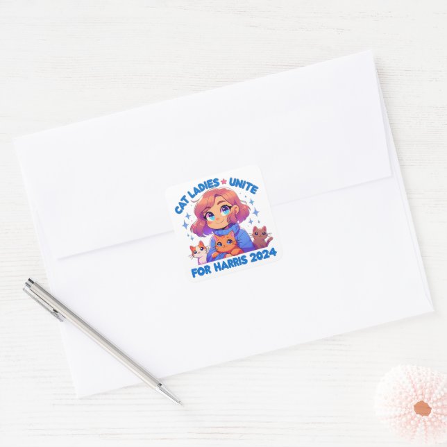 Cute Funny Girly Childless Cat Lady Unite Harris Square Sticker (Envelope)