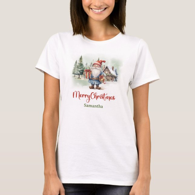 Cute funny gnome with Xmas gifts in winter village T-Shirt (Front)